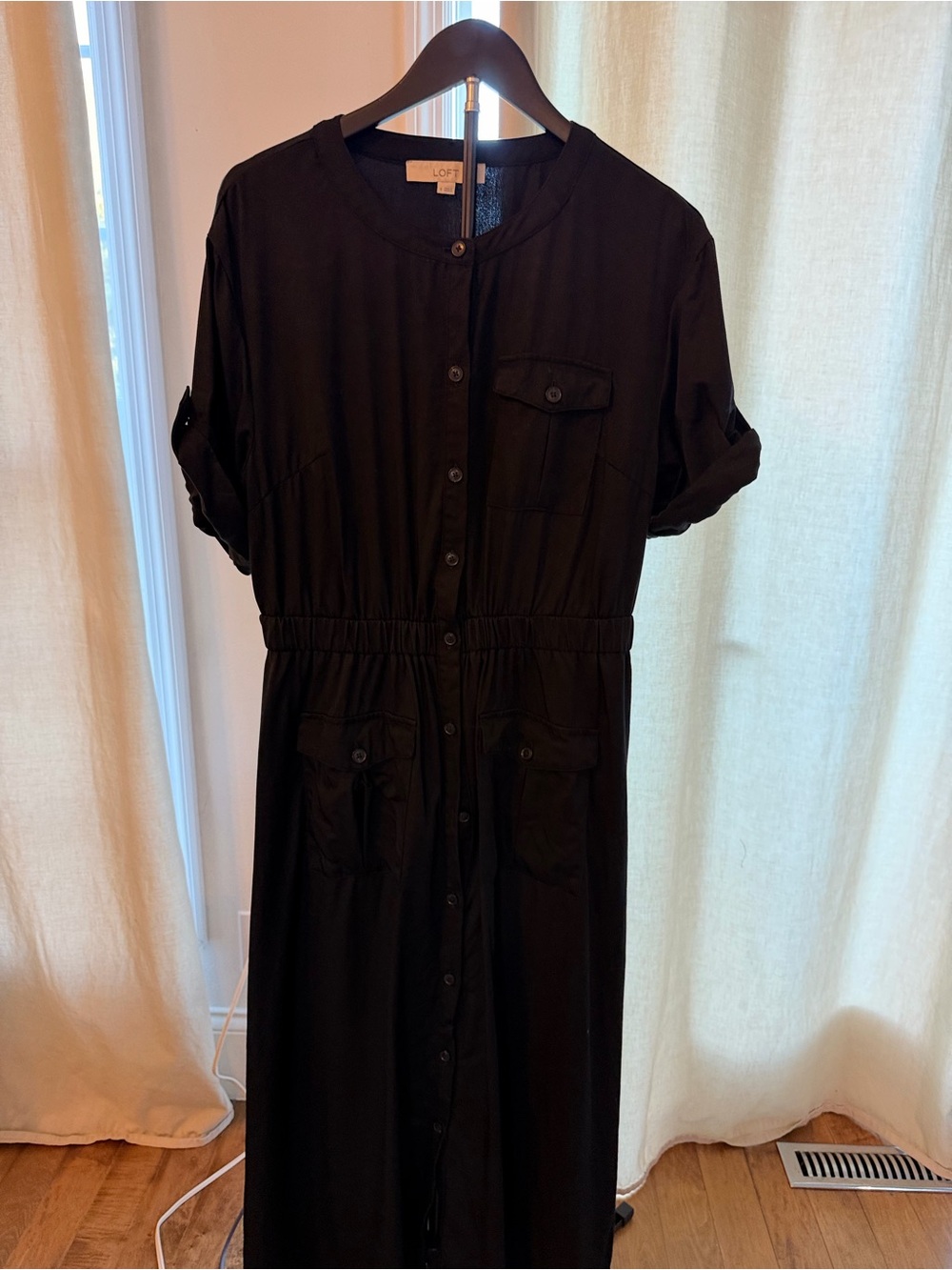 LOFT Black Long-Sleeve Button-Front Utility Midi Dress